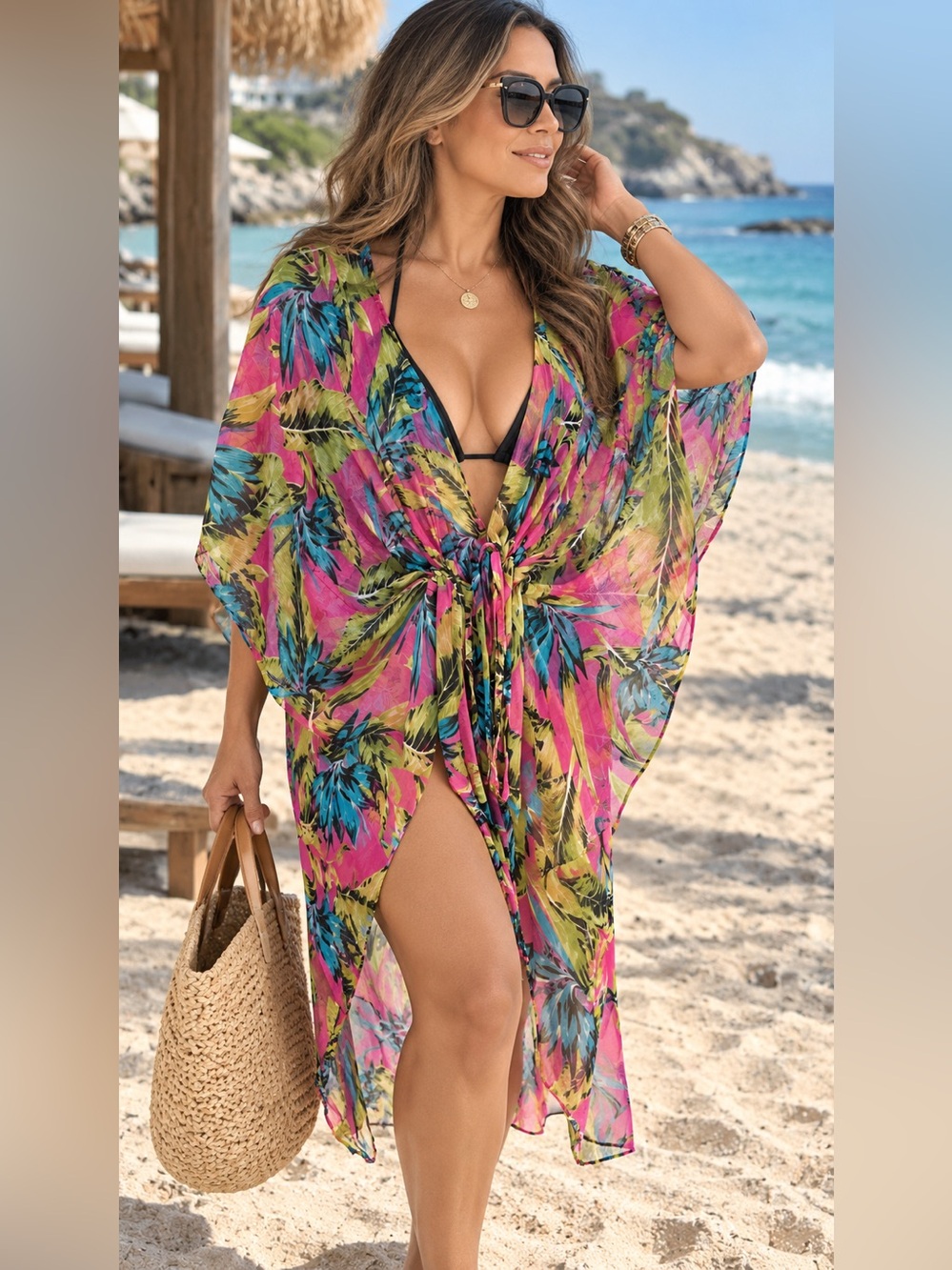 New no tagSunflower Floral High-Low Tie-Front Beach Dress — Pink Multi. One size
